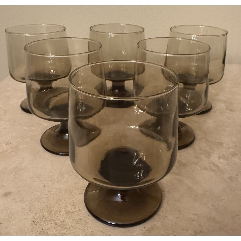 Glass Goblet Set of 6 Smokey Brown 4.5 Inch Round 8 oz. Mid-Century (1845-1969)